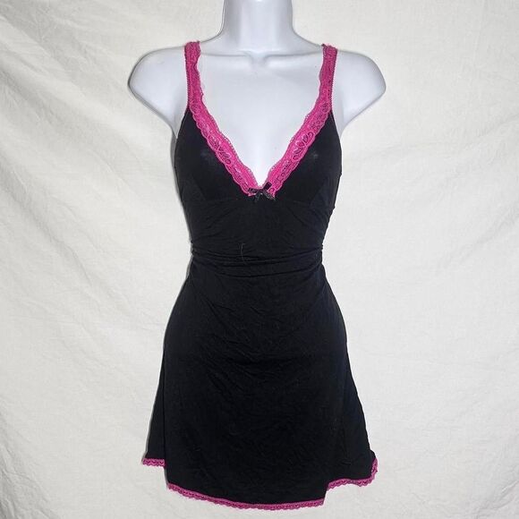Vintage y2k 2000s whimsical gothic black pink slip dress - Picture 1 of 4